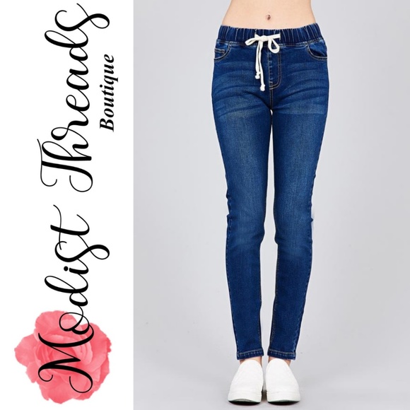 Drawstring Waist Dark Blue Denim Skinny Pants - Picture 2 of 4